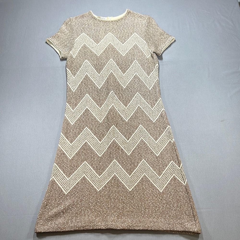 VINTAGE I. MAGNIN Zigzag Patterned Brown and Cream Dress - Size Medium (?)